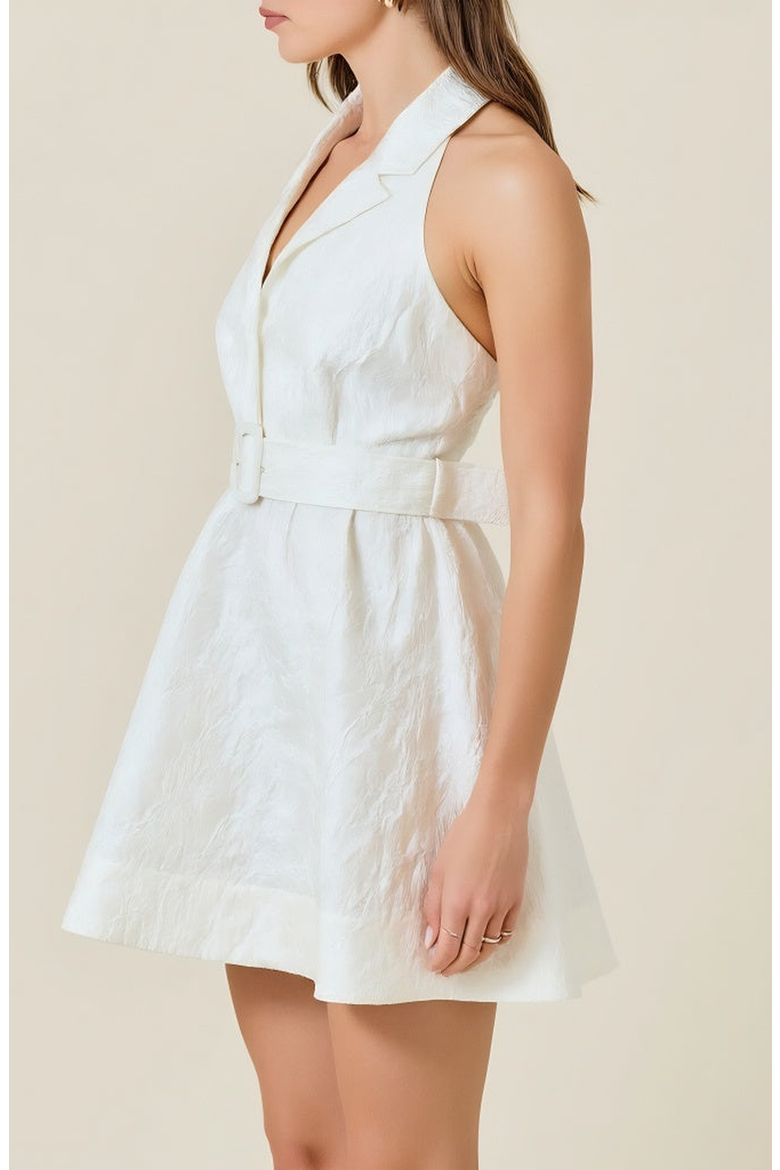 Halter Blazer Mini Dress with Belted Waist and Tailored Fit, Alternate, color, White
