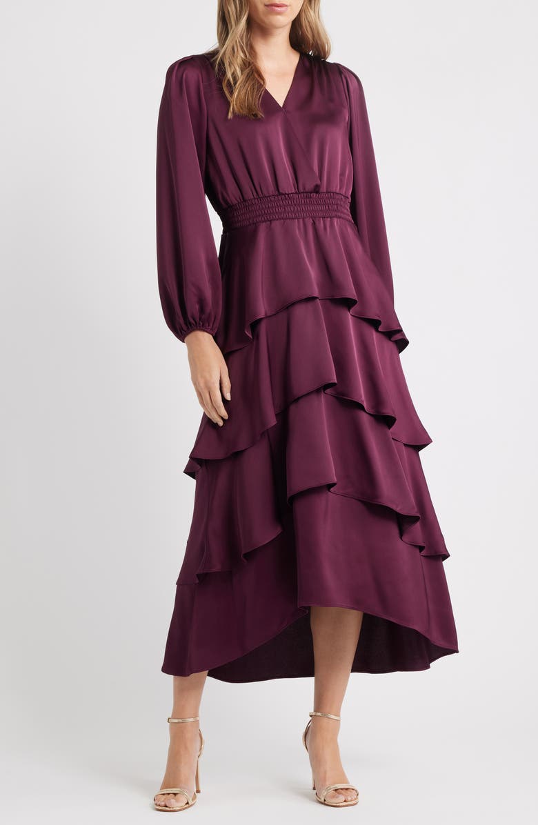 Anne Klein Long Sleeve Tiered High-Low Satin Dress, Main, color, Dark Chianti