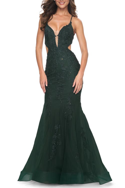 La Femme Lace And Tulle Mermaid Gown With Side Cut Outs In Dark Emerald