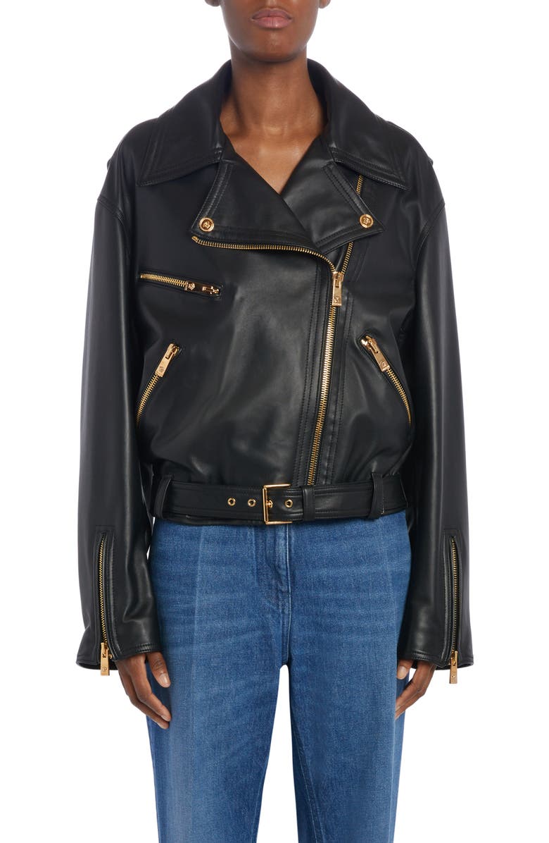 Versace Lambskin Leather Biker Jacket, Main, color, 