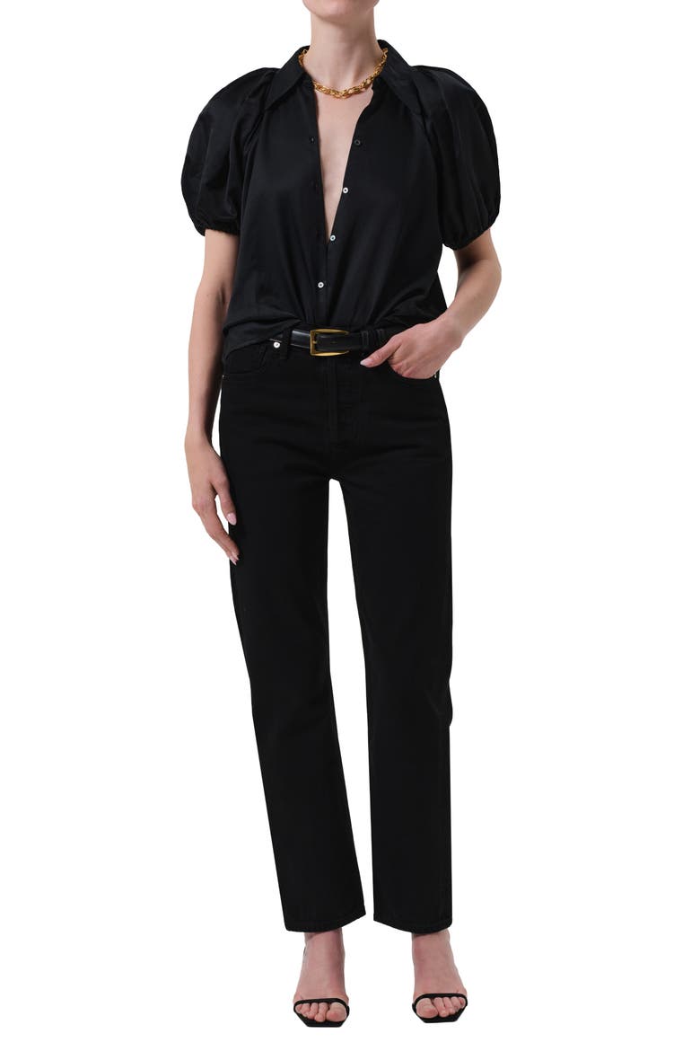 Leila Puff Sleeve Cotton & Silk Button-Up Shirt, Alternate, color, BLACK