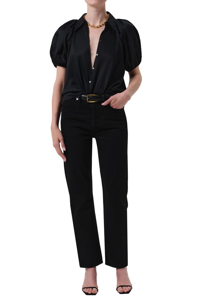 Citizens of Humanity Leila Puff Sleeve Cotton & Silk Button-Up Shirt, Alternate, color, Black