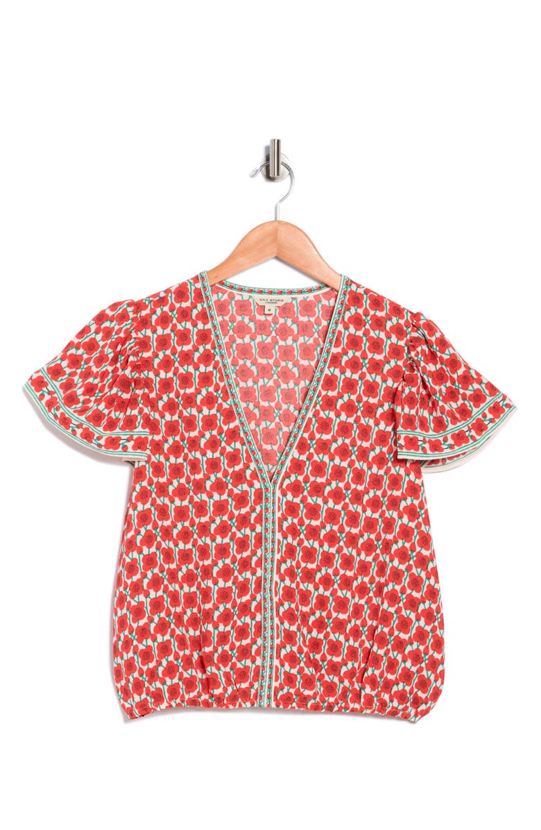 MAX STUDIO Floral Flutter Sleeve Bubble Hem Top, Main, color, Cream/ Papaya Poppy Buds