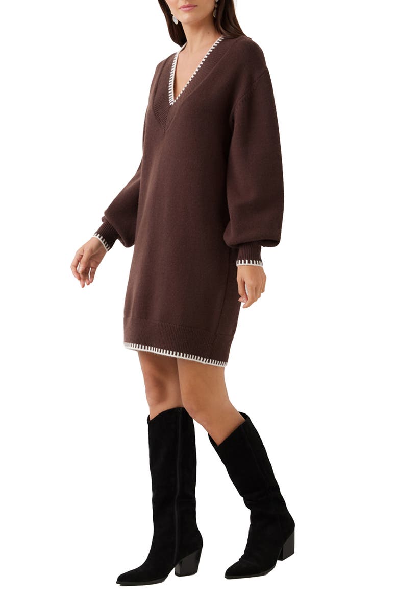 Varsity V-Neck Long Sleeve Sweater Minidress, Alternate, color, CHOCOLATE