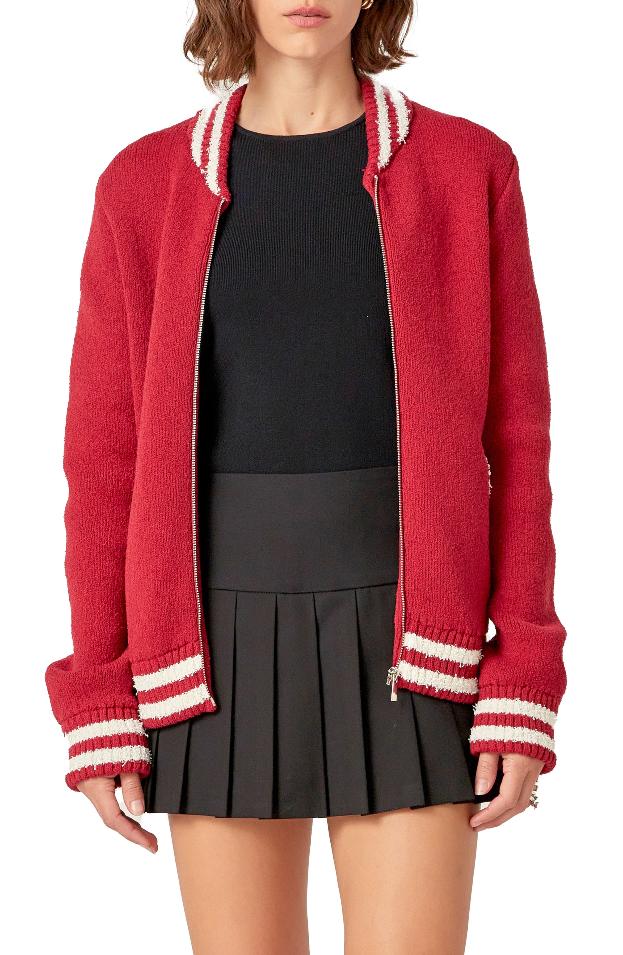 English Factory Knit Bomber Jacket in Burgundy 