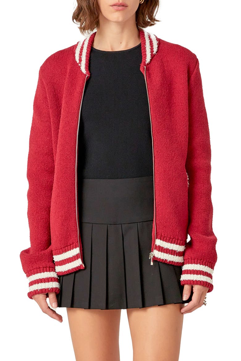 Knit Bomber Jacket, Main, color, BURGUNDY