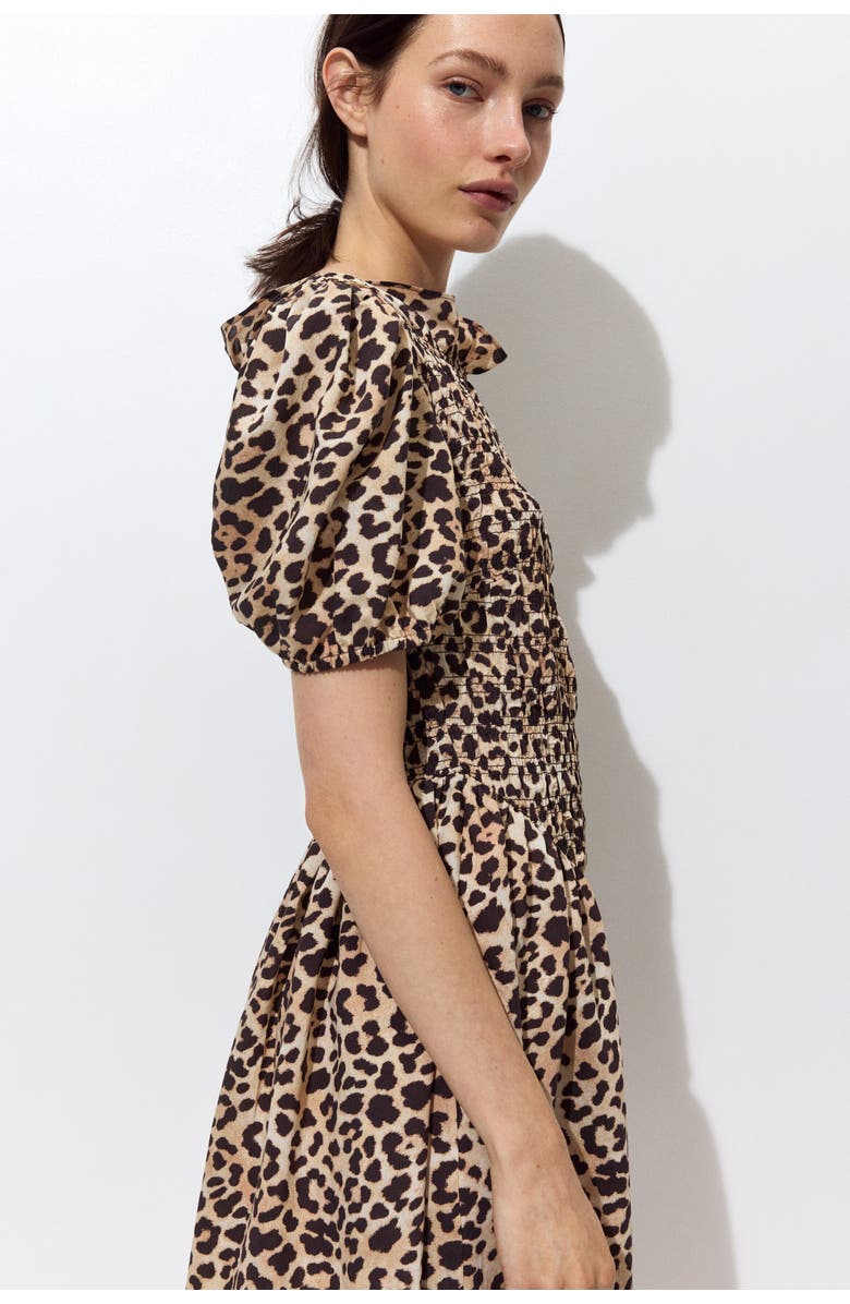 H&M Smocked-bodice Dress, Alternate, color, Light Beige/Leopard Print