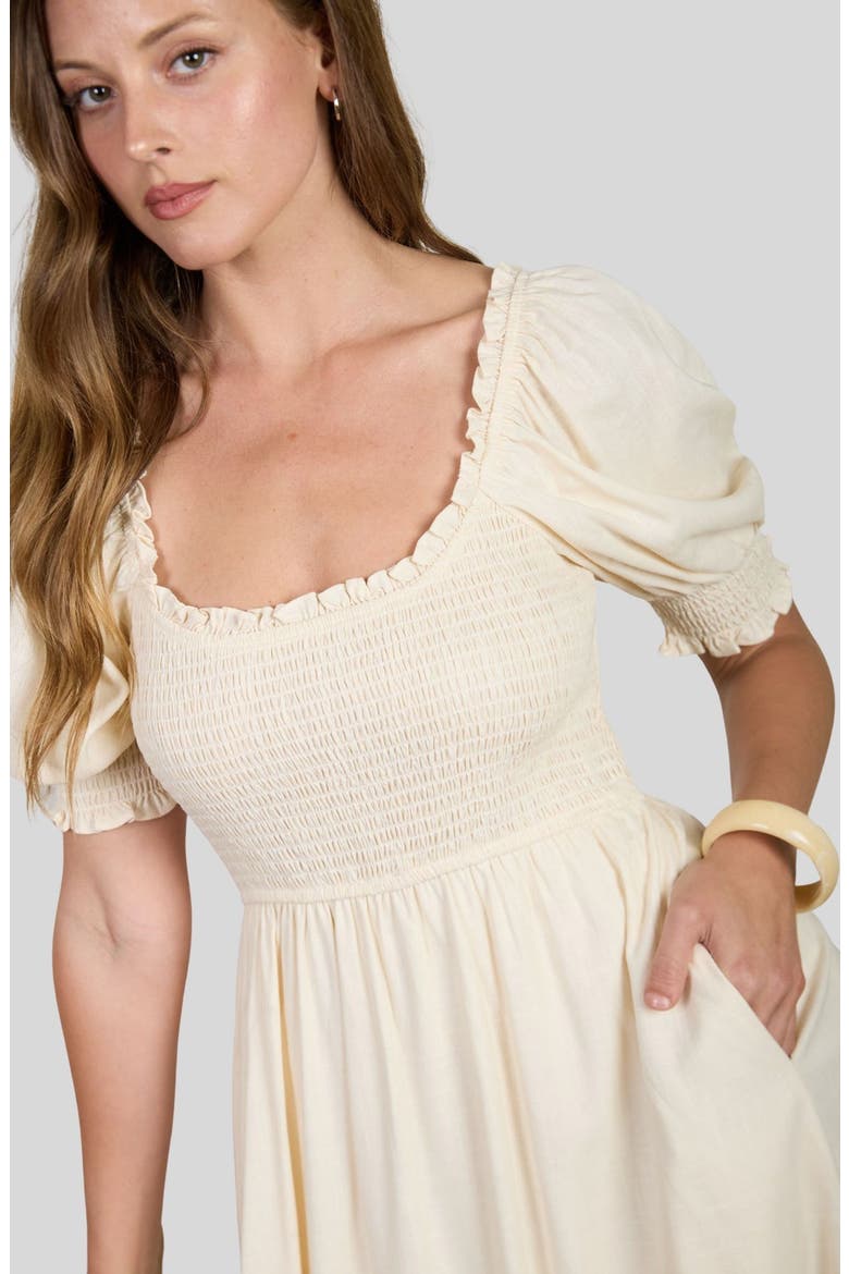 Smocked Puff Sleeve Midi Dress, Alternate, color, CREAM