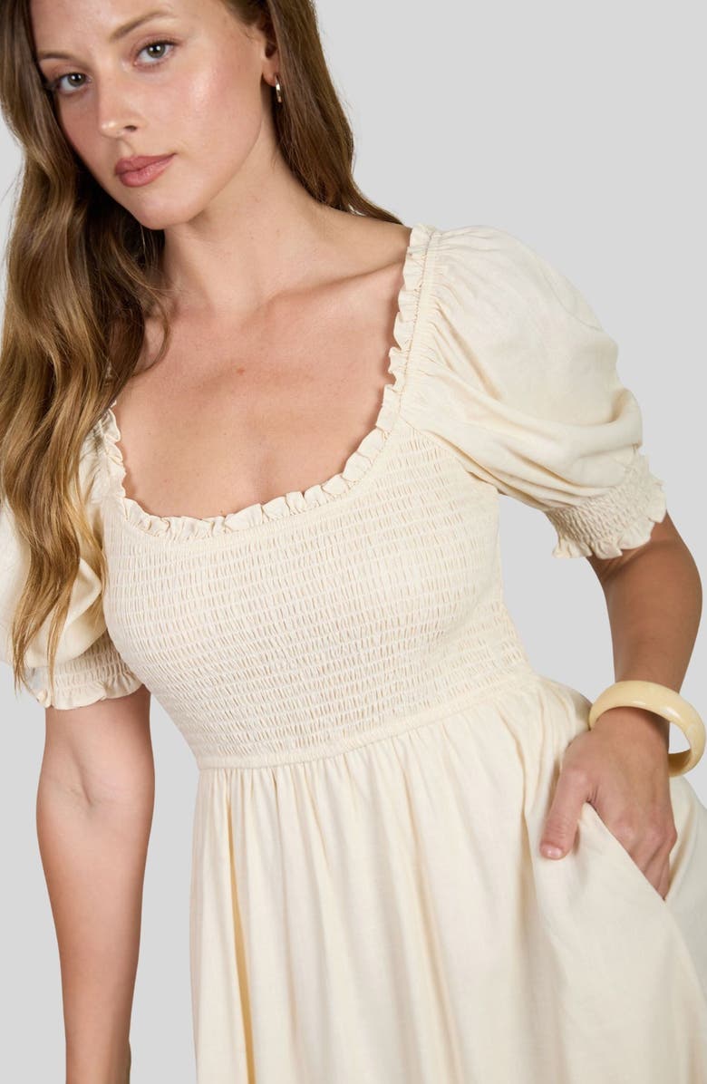 AUGUST SKY Smocked Puff Sleeve Midi Dress, Alternate, color, Cream