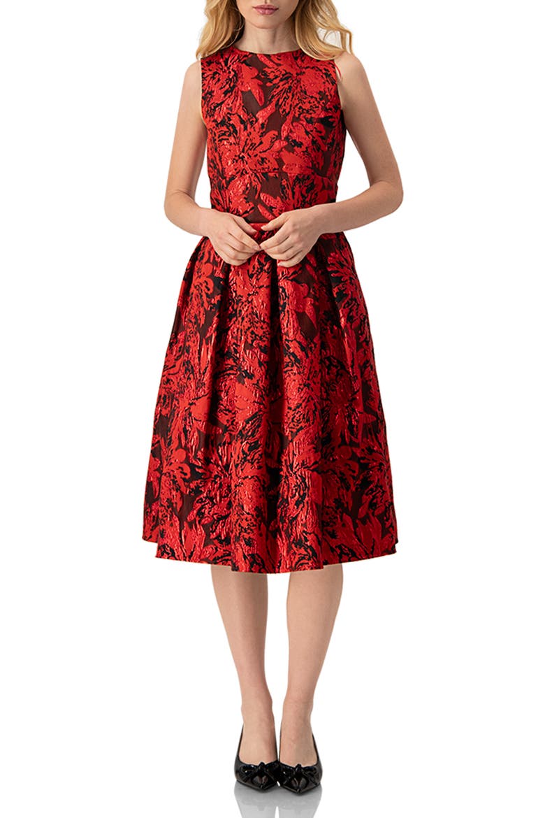 Sleeveless Red and Black Jacquard Midi Dress, Main, color, Red