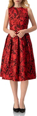 IVONNE Sleeveless Red and Black Jacquard Midi Dress