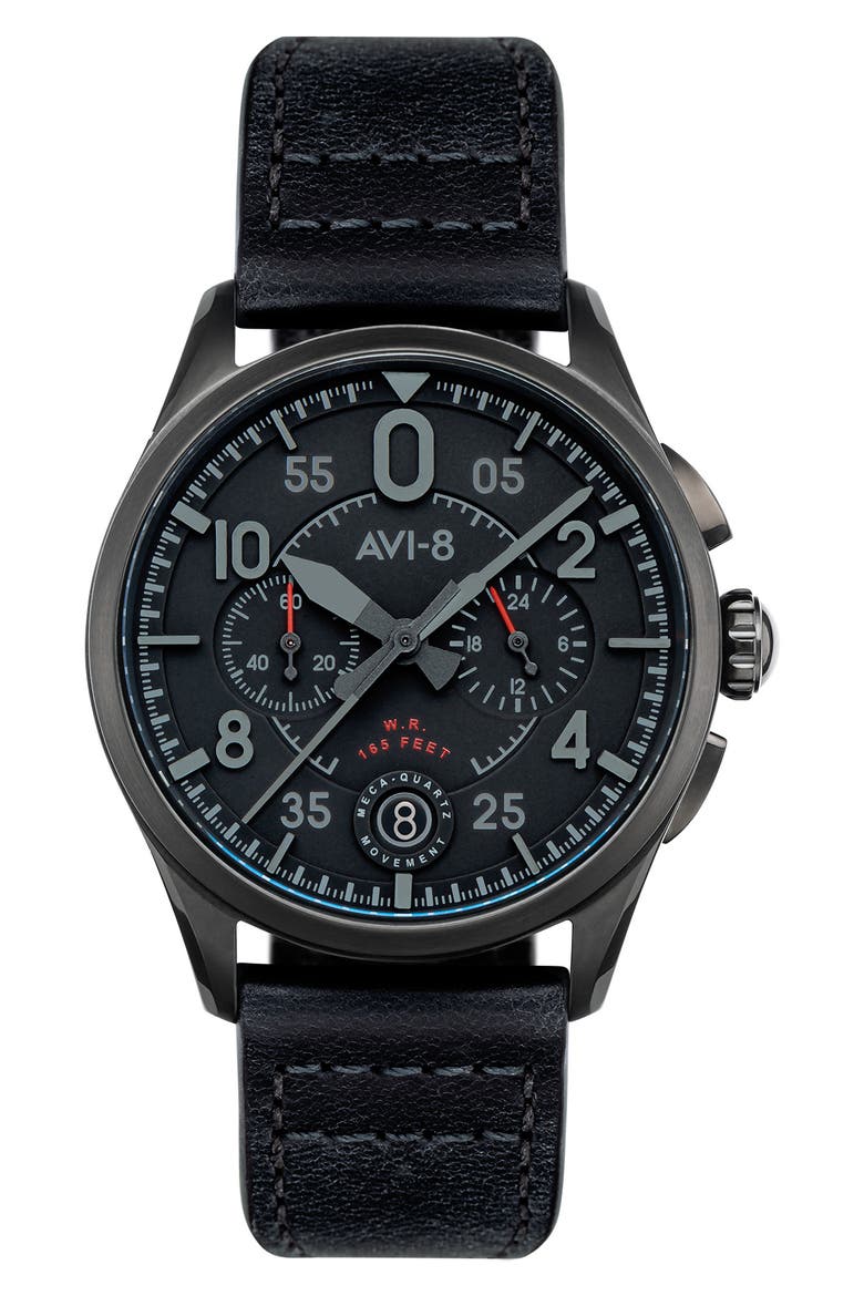 Spitfire Lock Slate Dial Chronograph Leather Strap Watch, 42mm, Main, color, BLACK
