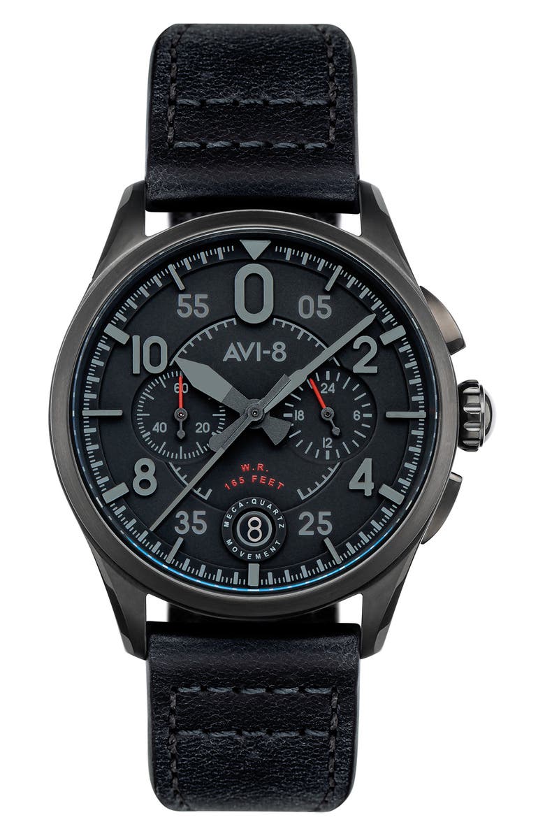 AVI-8 Spitfire Lock Slate Dial Chronograph Leather Strap Watch, 42mm, Main, color, Black