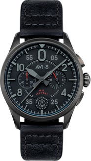 AVI-8 Spitfire Lock Slate Dial Chronograph Leather Strap Watch, 42mm
