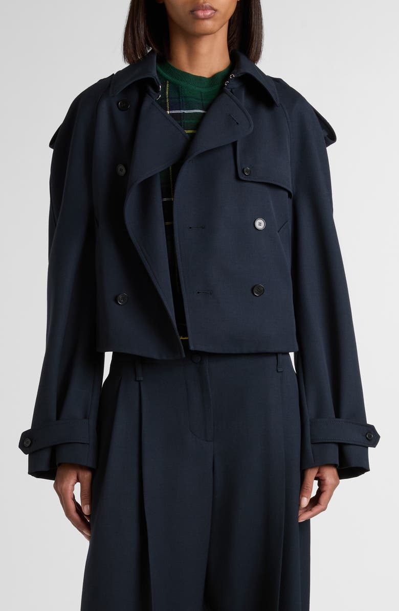 McQueen Double Breasted Wool & Cotton Crop Trench Coat, Main, color, Navy