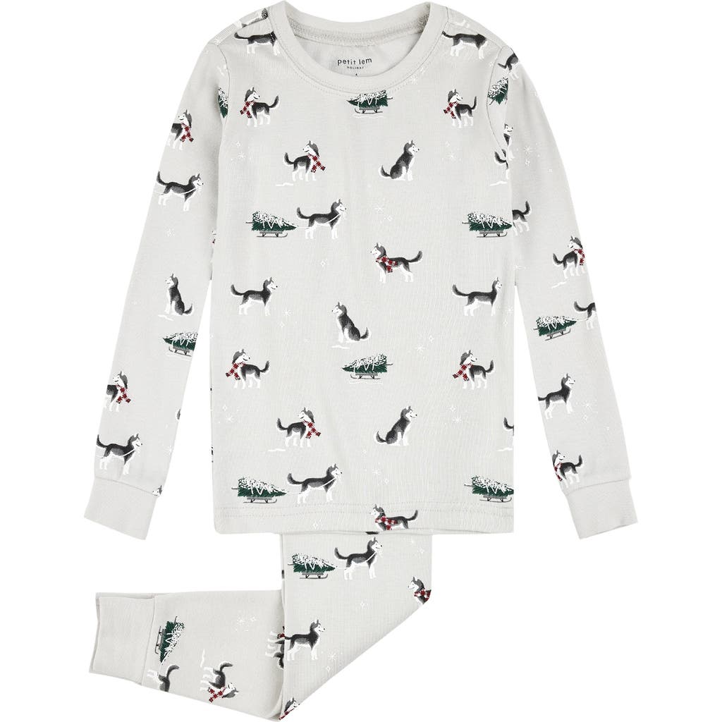 FIRSTS by Petit Lem Kids' Holiday Huskies Fitted Two-Piece Organic Cotton Pajamas in Light Grey