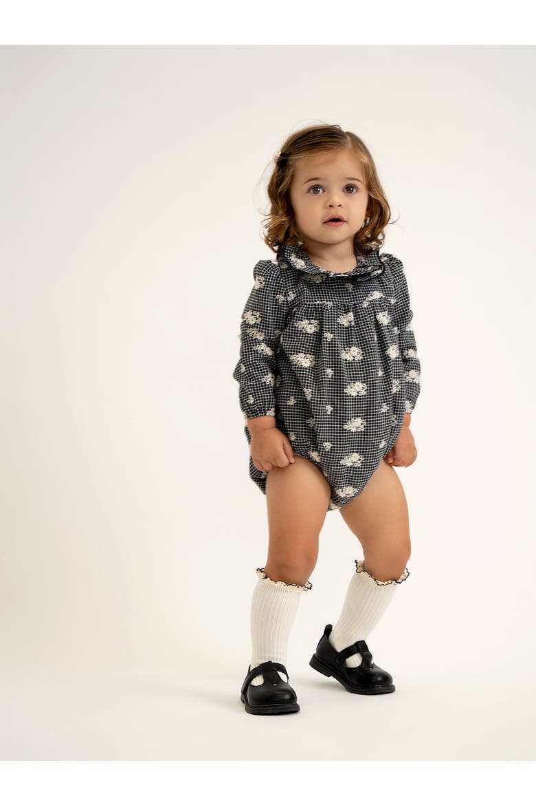 Checkered Embroidered Bubble Romper, Alternate, color, Black