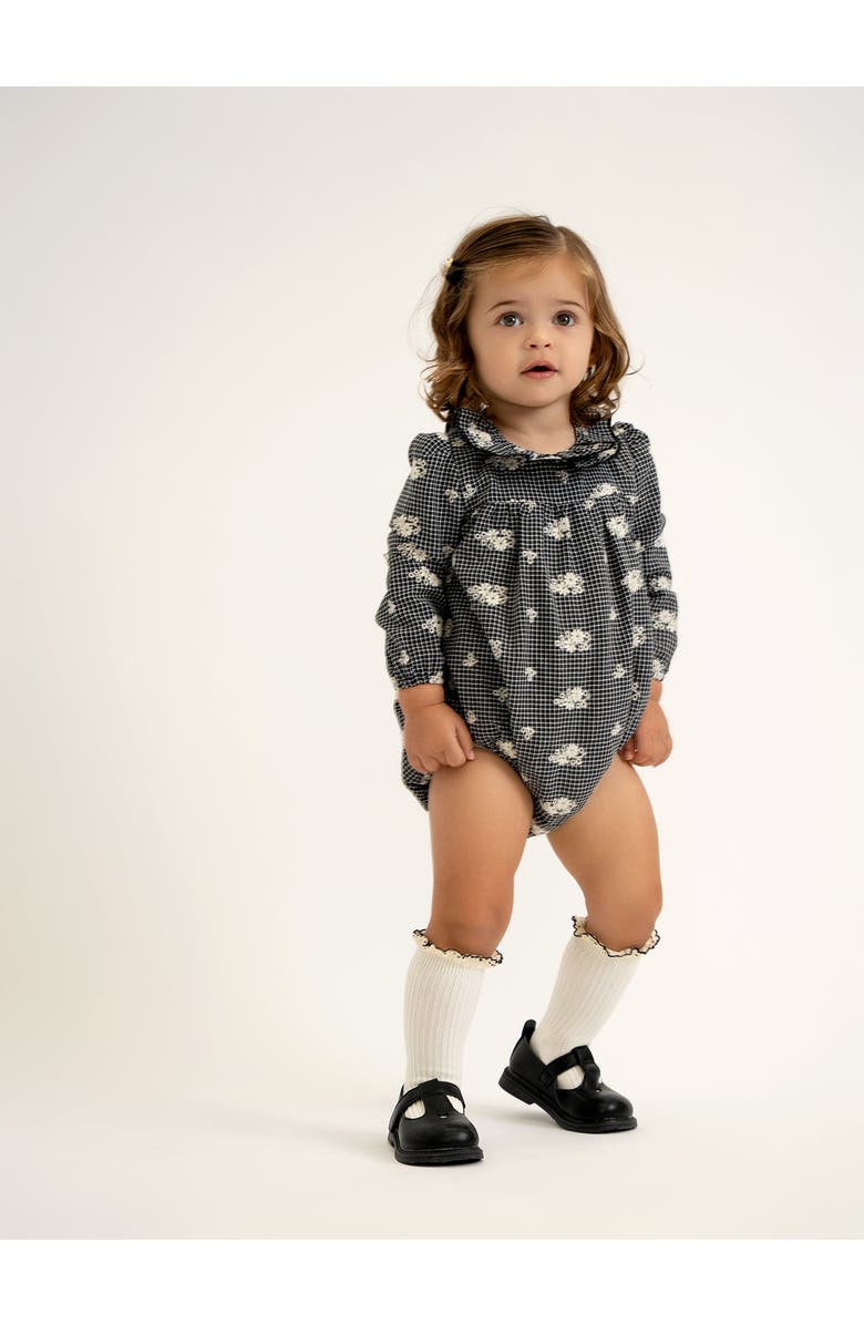 Space Grey Checkered Embroidered Bubble Romper, Alternate, color, Black