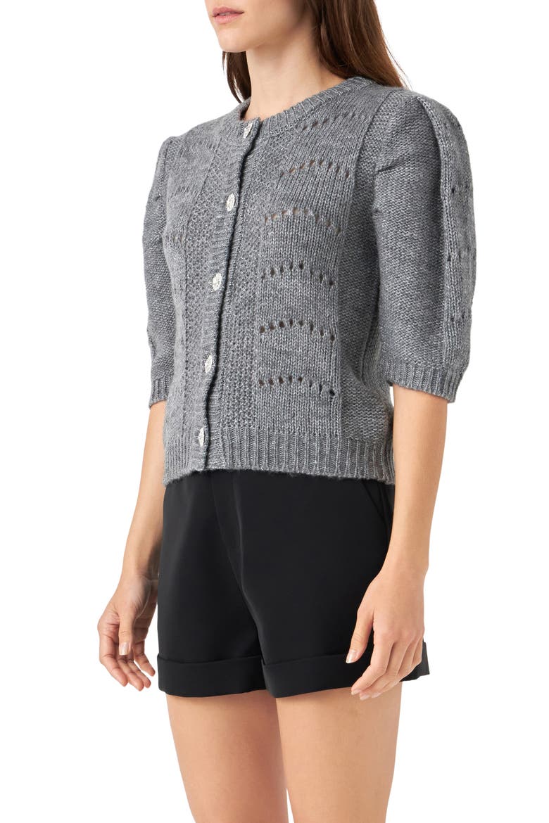 Pointelle Puff Sleeve Cardigan, Alternate, color, GREY