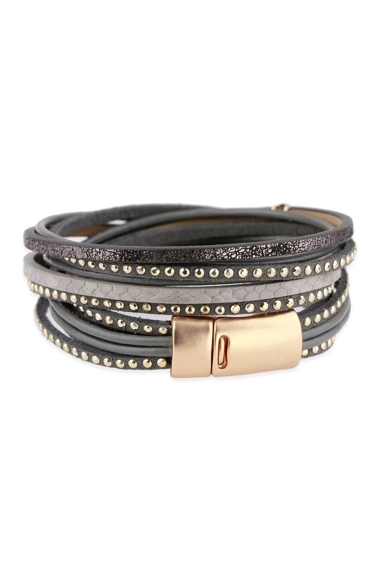 SAACHI Grey Sabrina Crystal Detail Leather Wrap Bracelet, Alternate, color, 