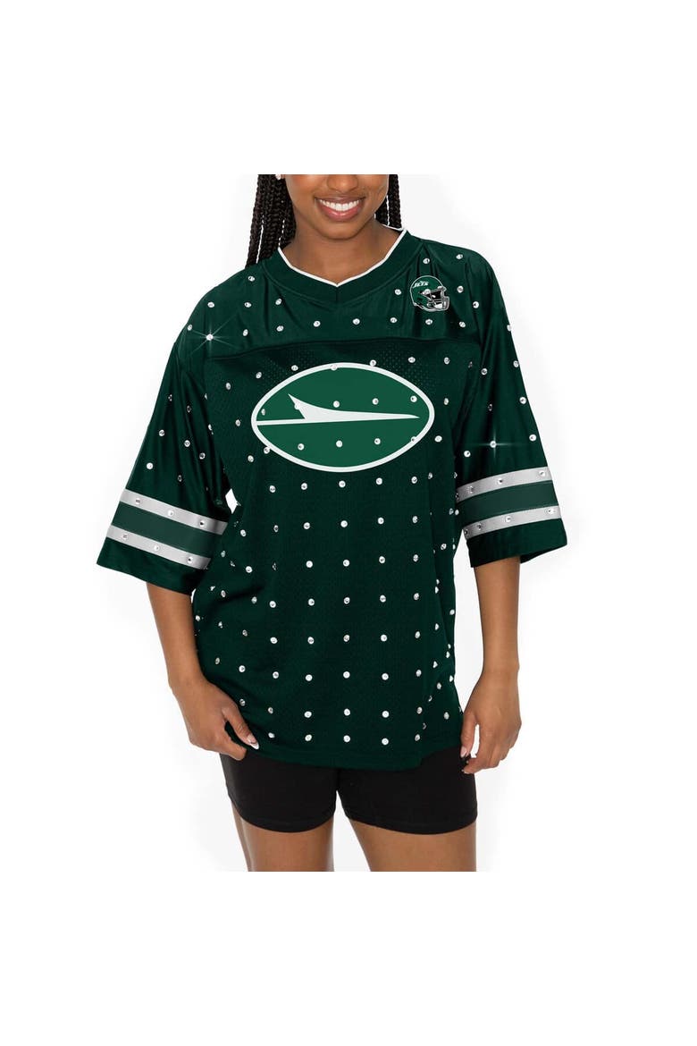 Women's Gameday Couture Green New York Jets Kickoff Time Allover Rhinestone Sports Stripe Jersey V-Neck T-Shirt, Alternate, color, Green