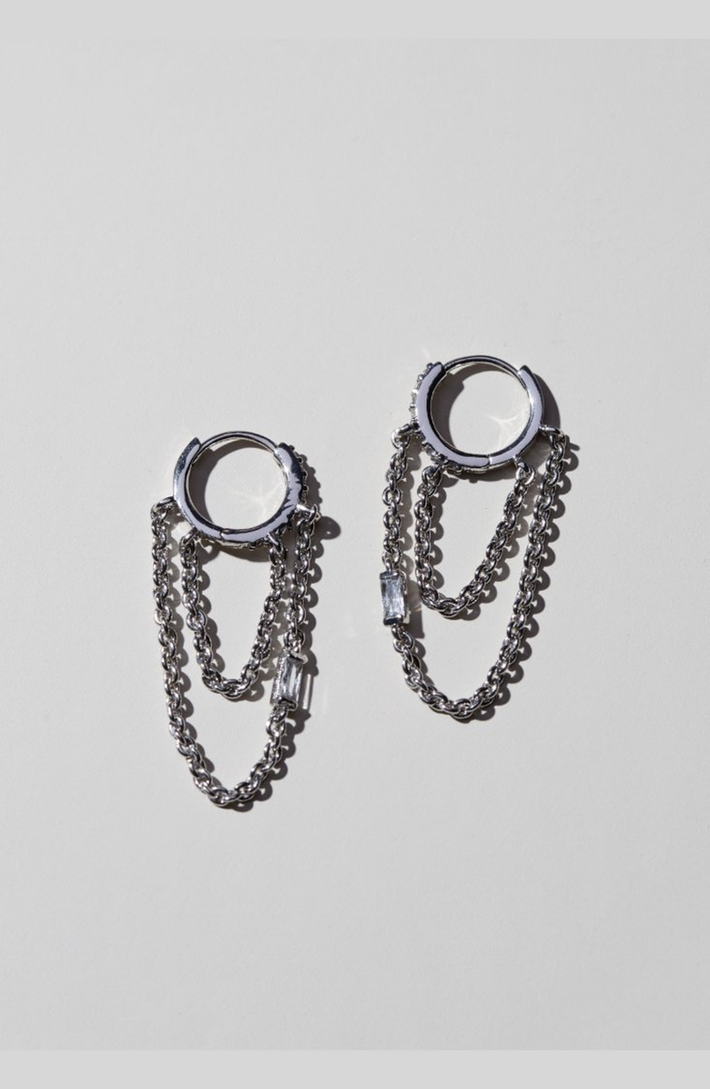Nickel & Suede Thea Chain Huggies, Alternate, color, Silver