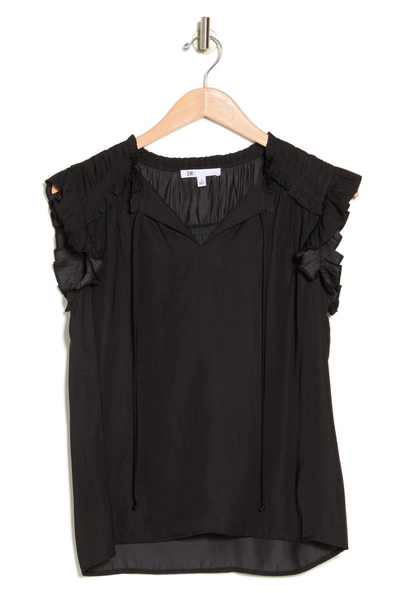Ruffle Tie Neck Top, Alternate, color, BLACK