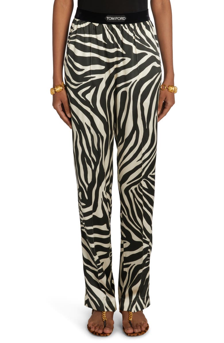 TOM FORD Zebra Print Stretch Silk Satin Pajama Pants, Main, color, 