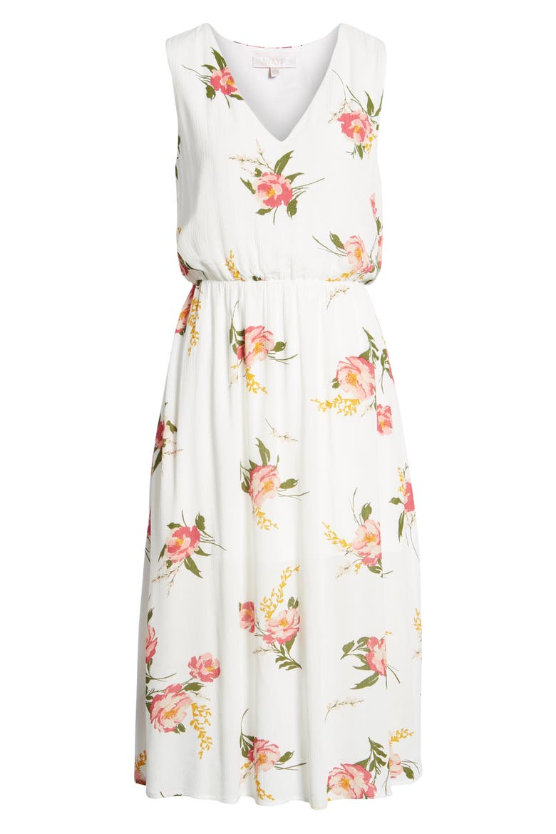 Sleeveless Blouson Midi Dress, Alternate, color, IVORY/ RED BAROQUE FLORAL