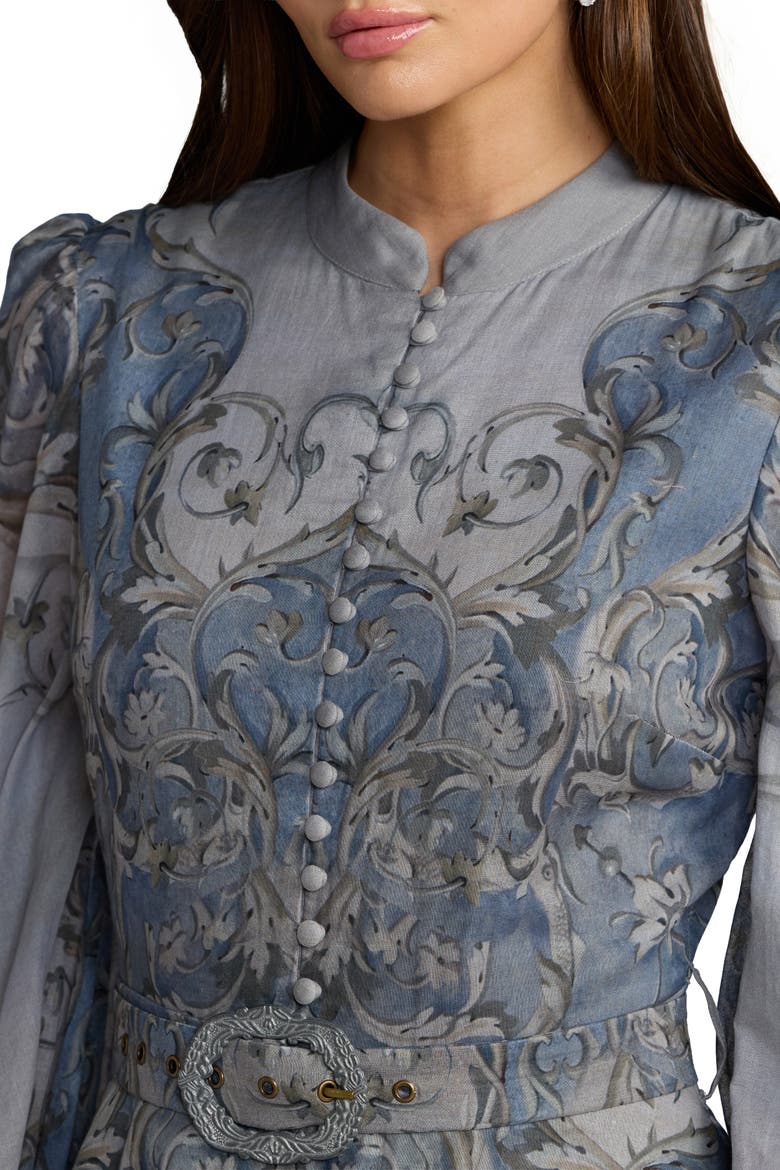 Petite Baroque Print Bishop Sleeve A-Line Ankle Dress, Alternate, color, Slate Blue