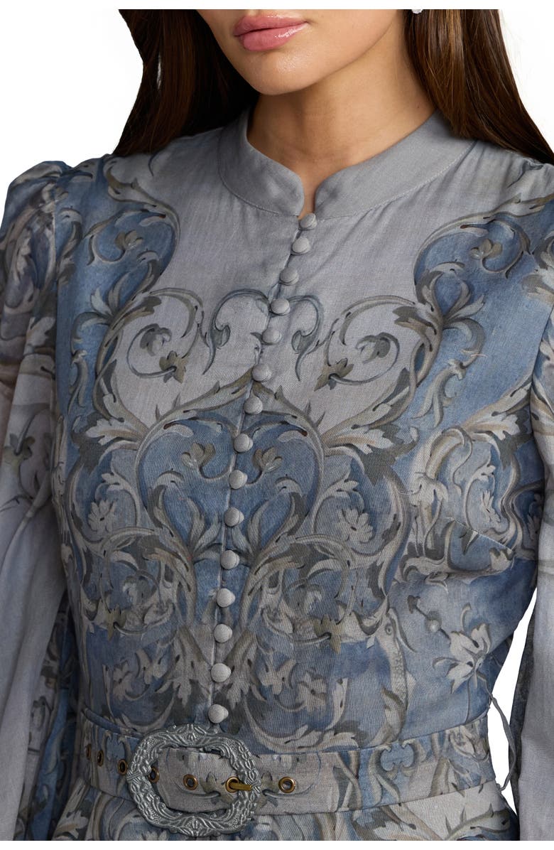 Mac Duggal Petite Baroque Print Bishop Sleeve A-Line Ankle Dress, Alternate, color, Slate Blue