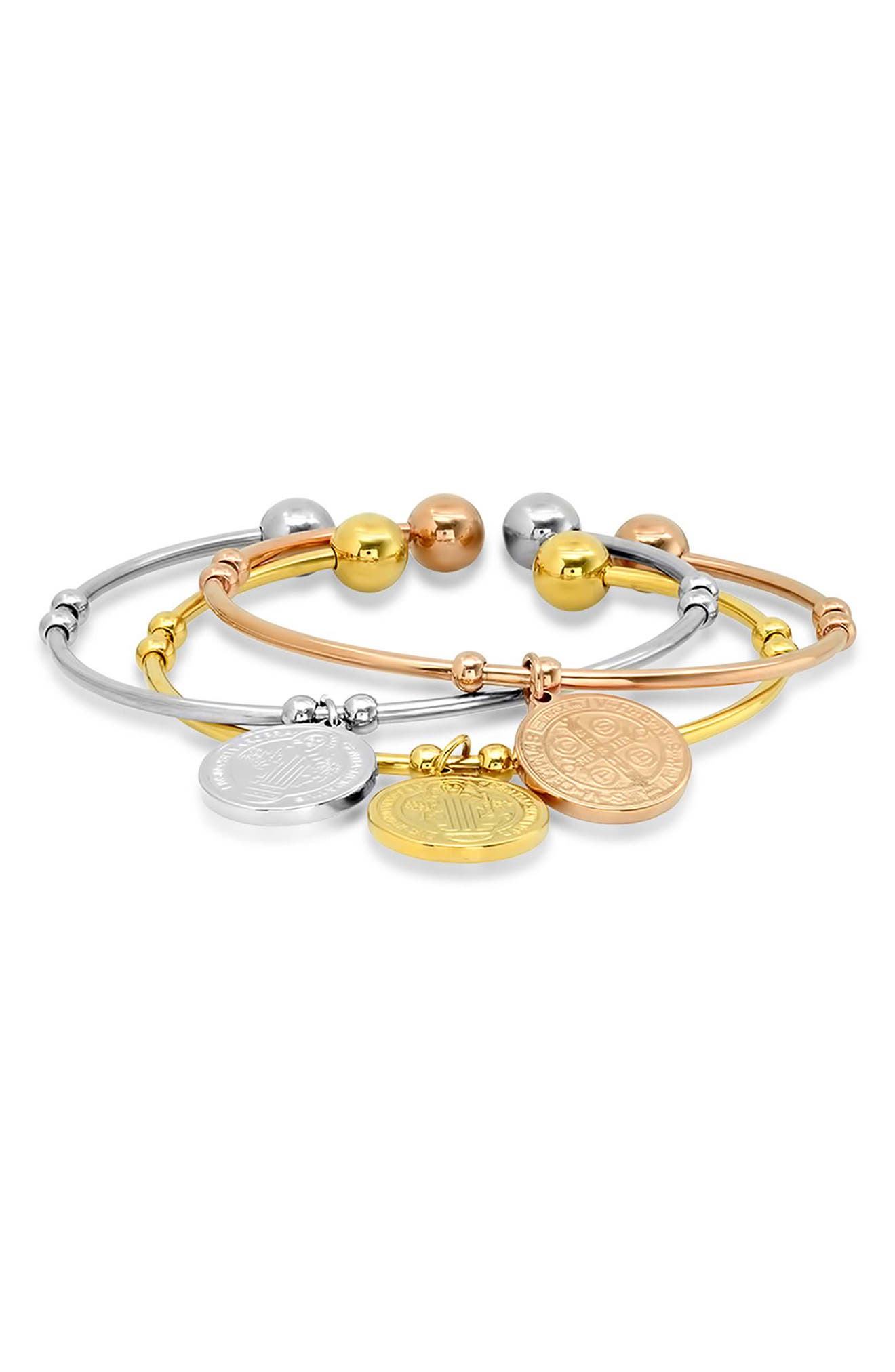 Set of 3 Tri-Tone Charm Cuff Bracelets