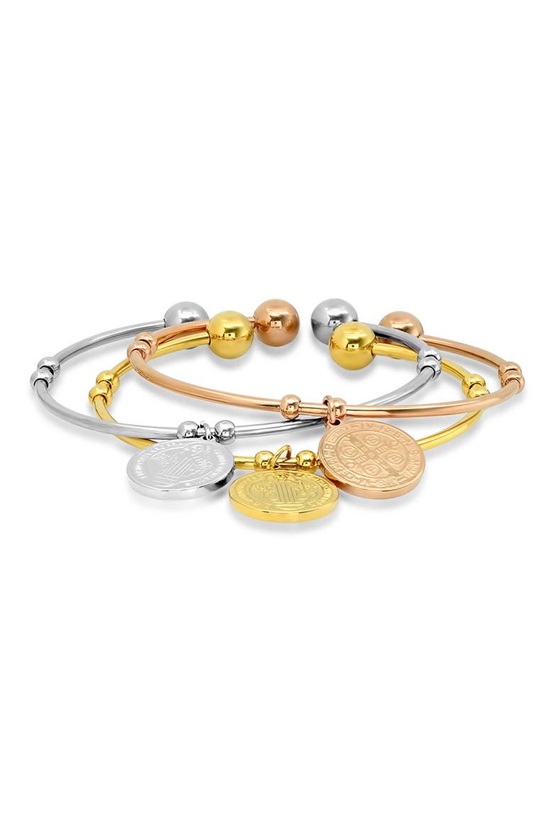 Set of 3 Tri-Tone Charm Cuff Bracelets, Main, color, TRI TONE