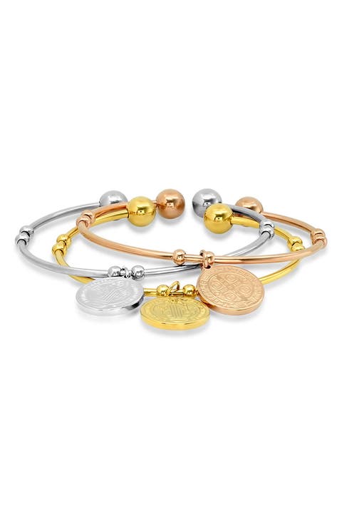 Set of 3 Tri-Tone Charm Cuff Bracelets
