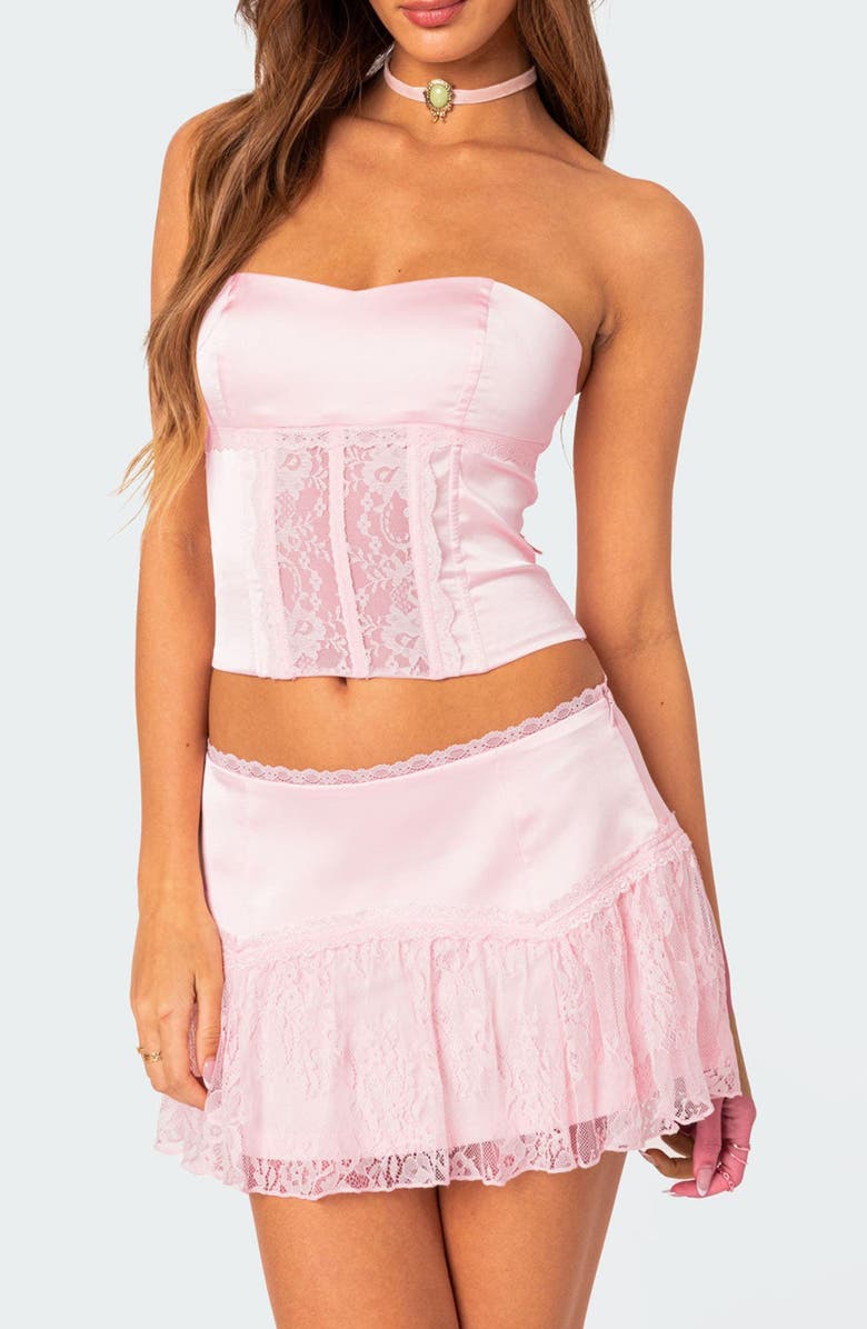 EDIKTED Lex Satin & Lace Corset Top, Main, color, Light-Pink