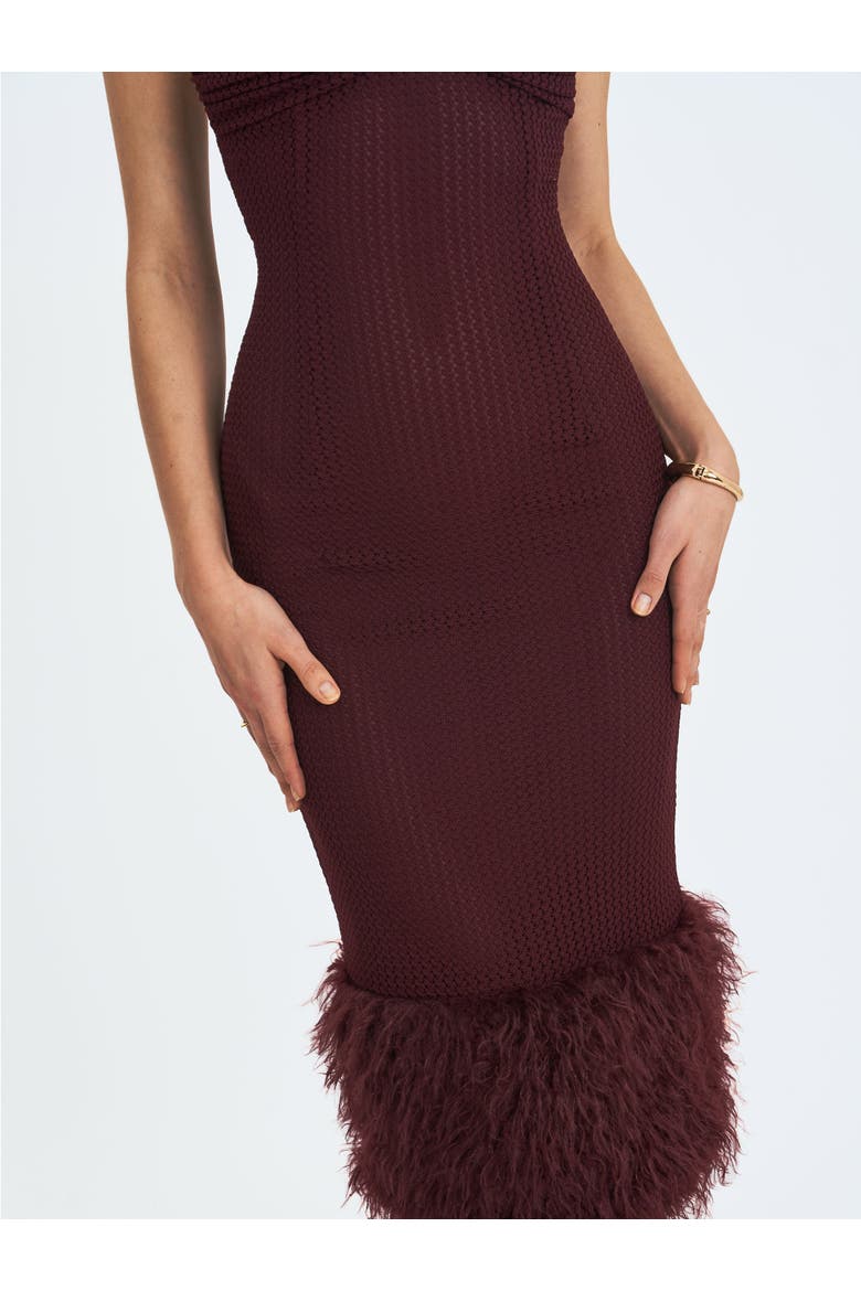 Pluma Halter Faux-Fur Trimmed Midi Dress, Alternate, color, Maroon