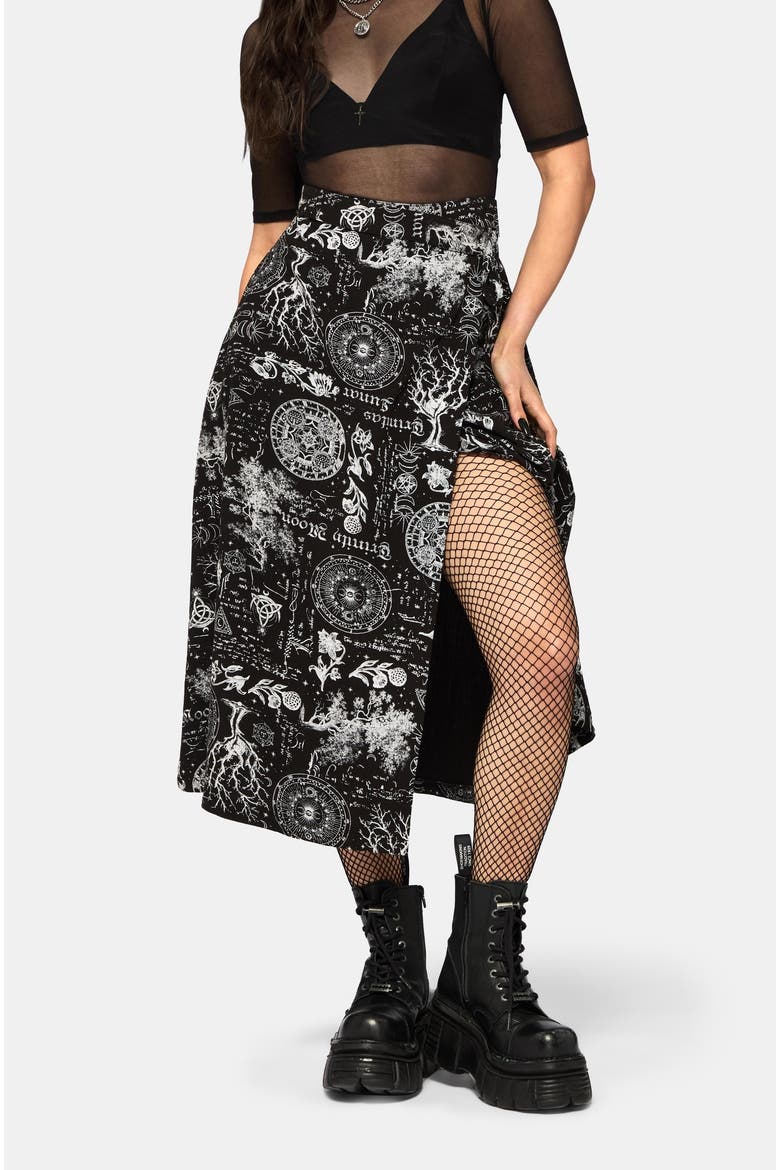 Trinity Moon Print Wrap Midi Skirt, Main, color, Black