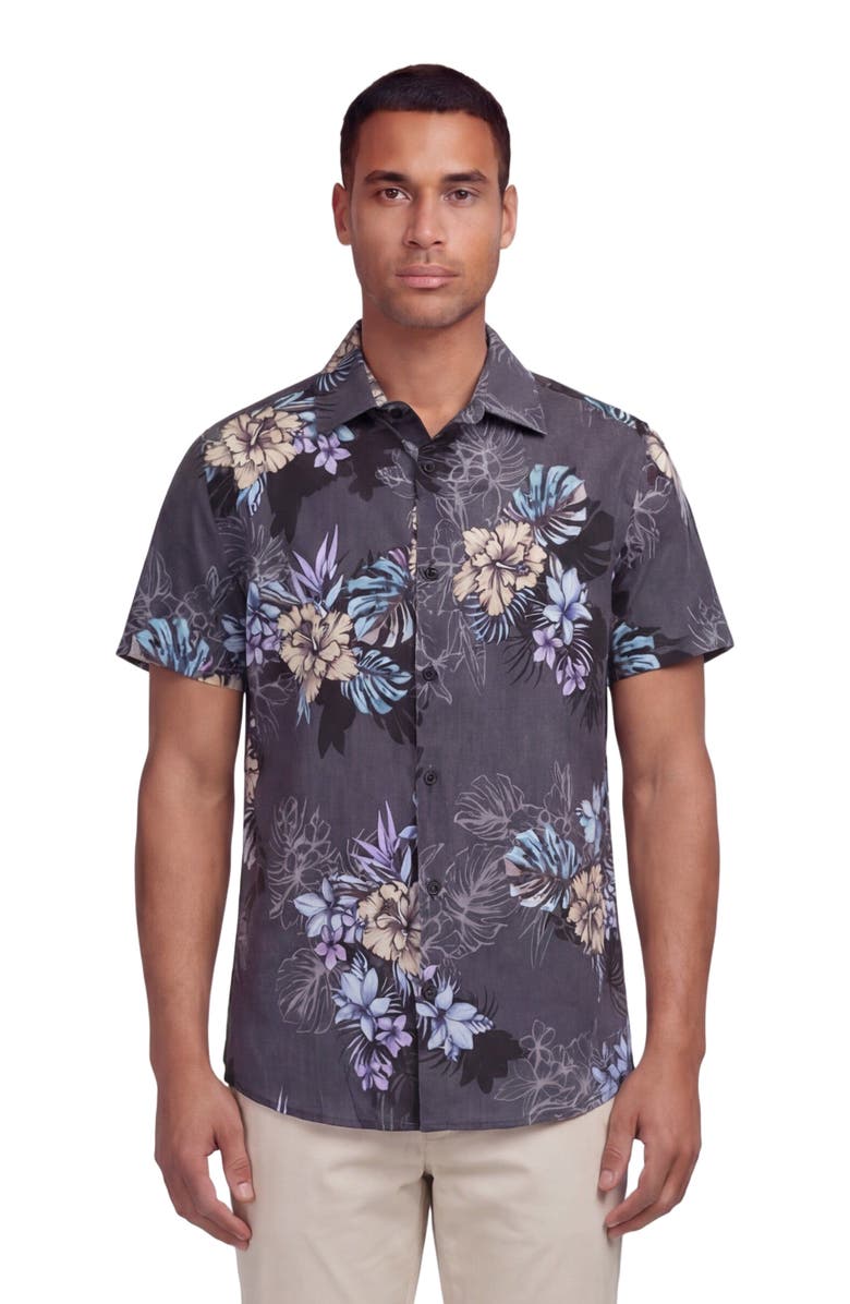 Lords of Harlech Exotic Floral Mens Linen Printed Shirt, Main, color, Exotic Floral Black