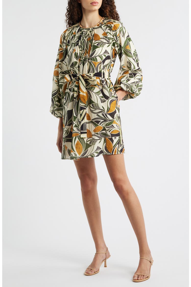 Print Long Sleeve Pintuck Minidress, Main, color, CREAM MULTI