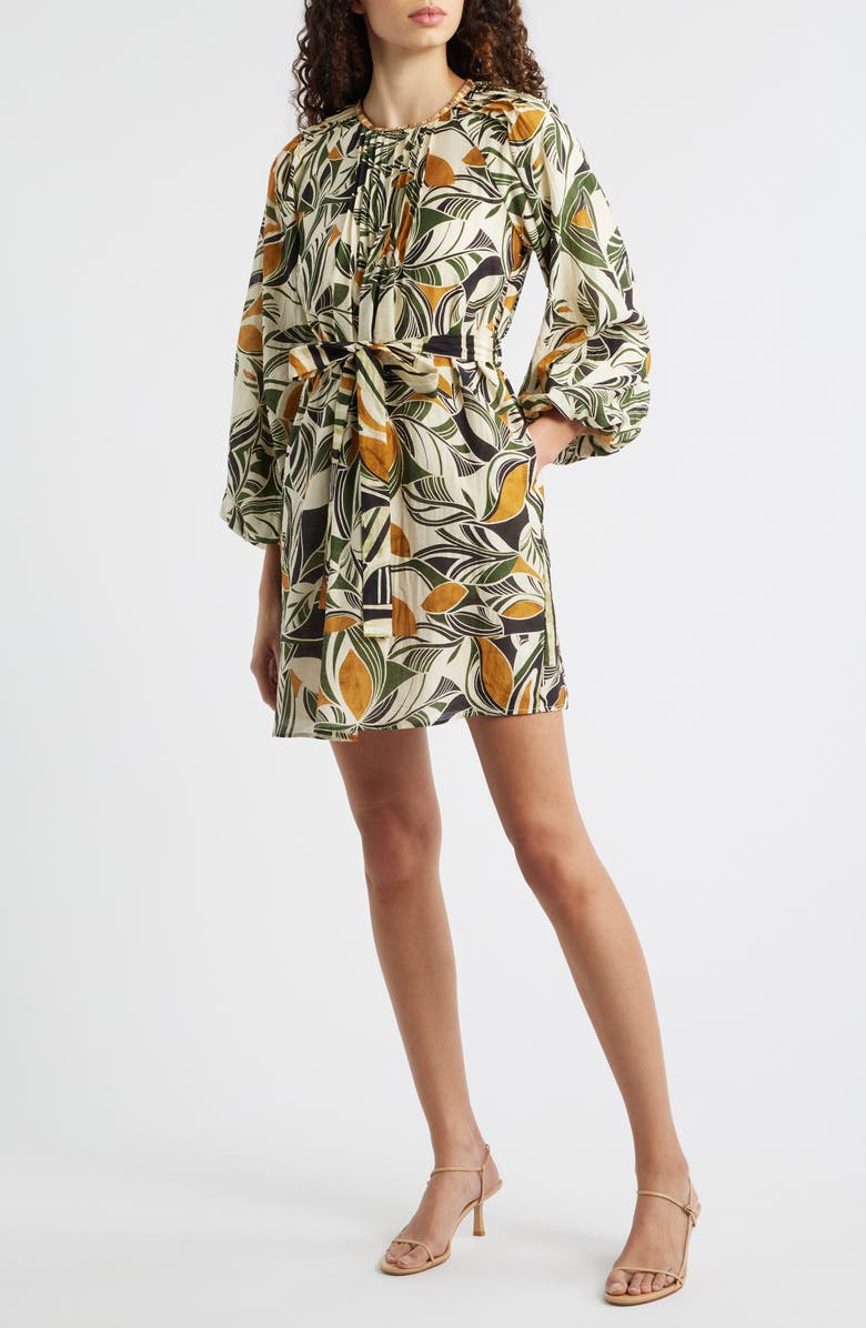 CIEBON Print Long Sleeve Pintuck Minidress, Main, color, Cream Multi