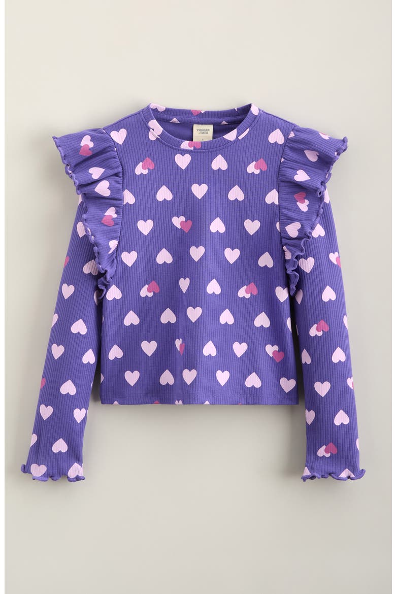 Kids' Ruffle Sleeve Rib Top, Main, color, PURPLE OPULENCE HEART STAMP