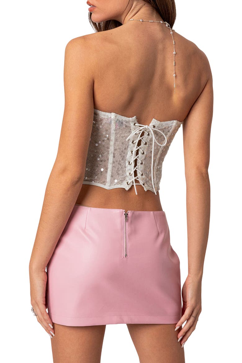 Sequin Lace-Up Strapless Corset Crop Top, Alternate, color, WHITE