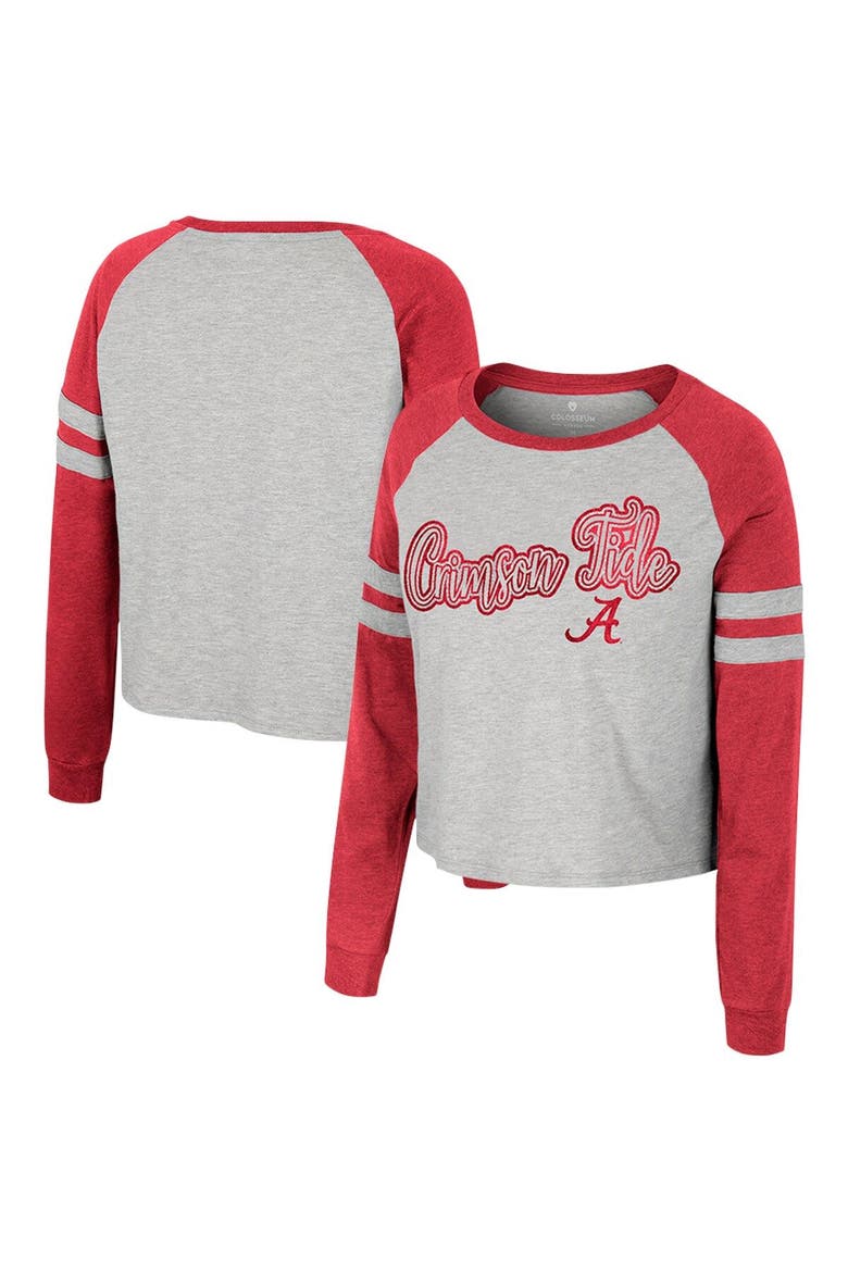 Women's Colosseum Heather Gray Alabama Crimson Tide I'm Gliding Here Raglan Long Sleeve Cropped T-Shirt, Main, color, Heather Gray