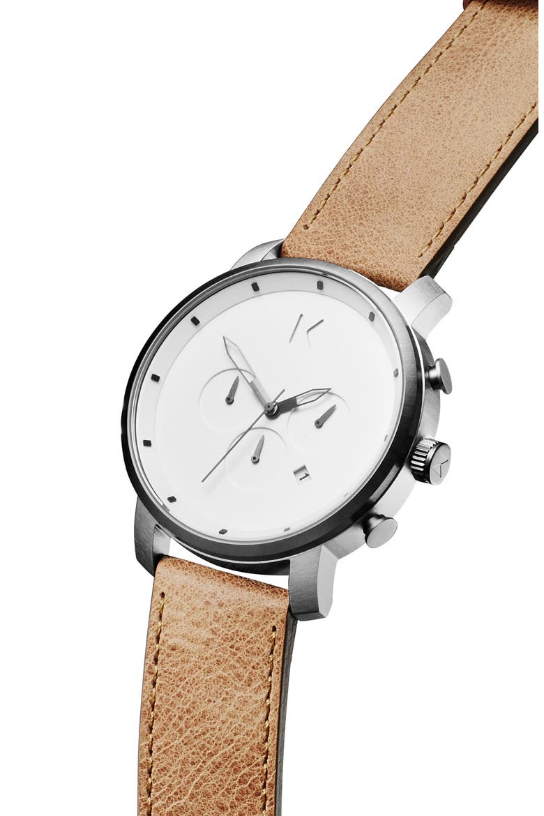 MVMT Chronograph Leather Strap Watch, 45mm, Alternate, color, TAN/ WHITE/ SILVER
