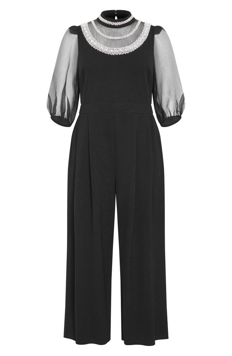 City Chic Phoenix Embellished Sheer Panel Jumpsuit, Alternate, color, Black