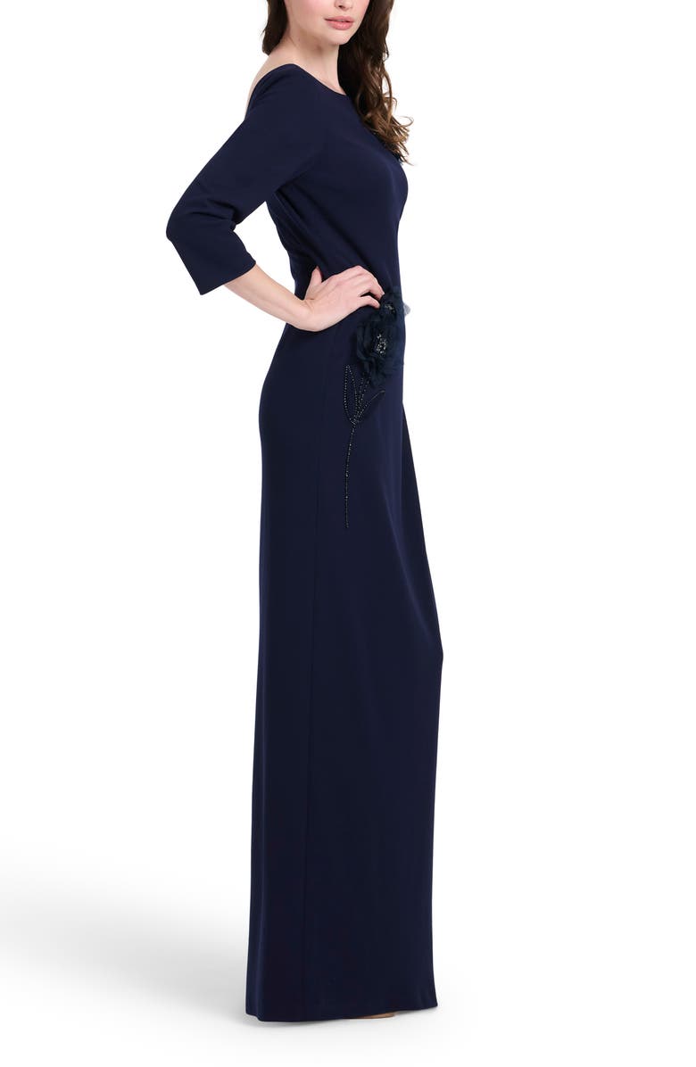 EMILY SHALANT Stretch Crepe Floral Appliqué Gown, Alternate, color, Navy