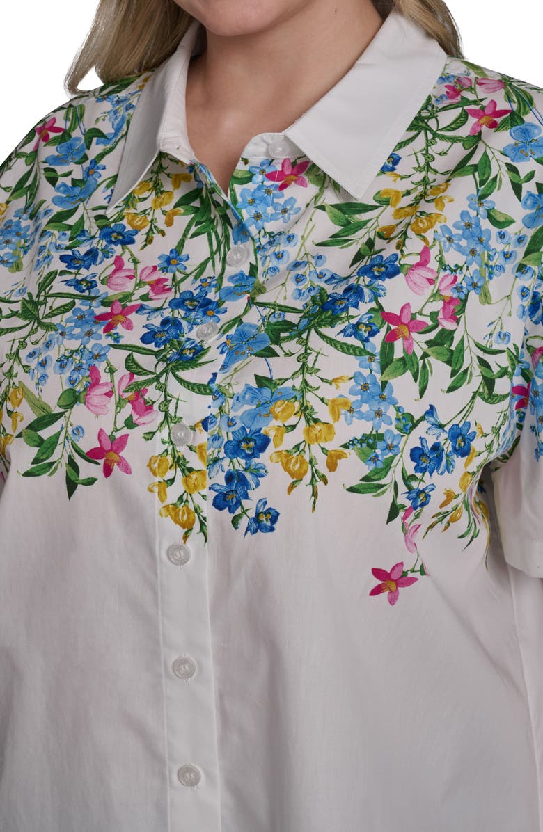 KARL LAGERFELD PARIS Placed Floral Short Sleeve Cotton Sateen Button-Up Shirt, Alternate, color, Soft White Combo