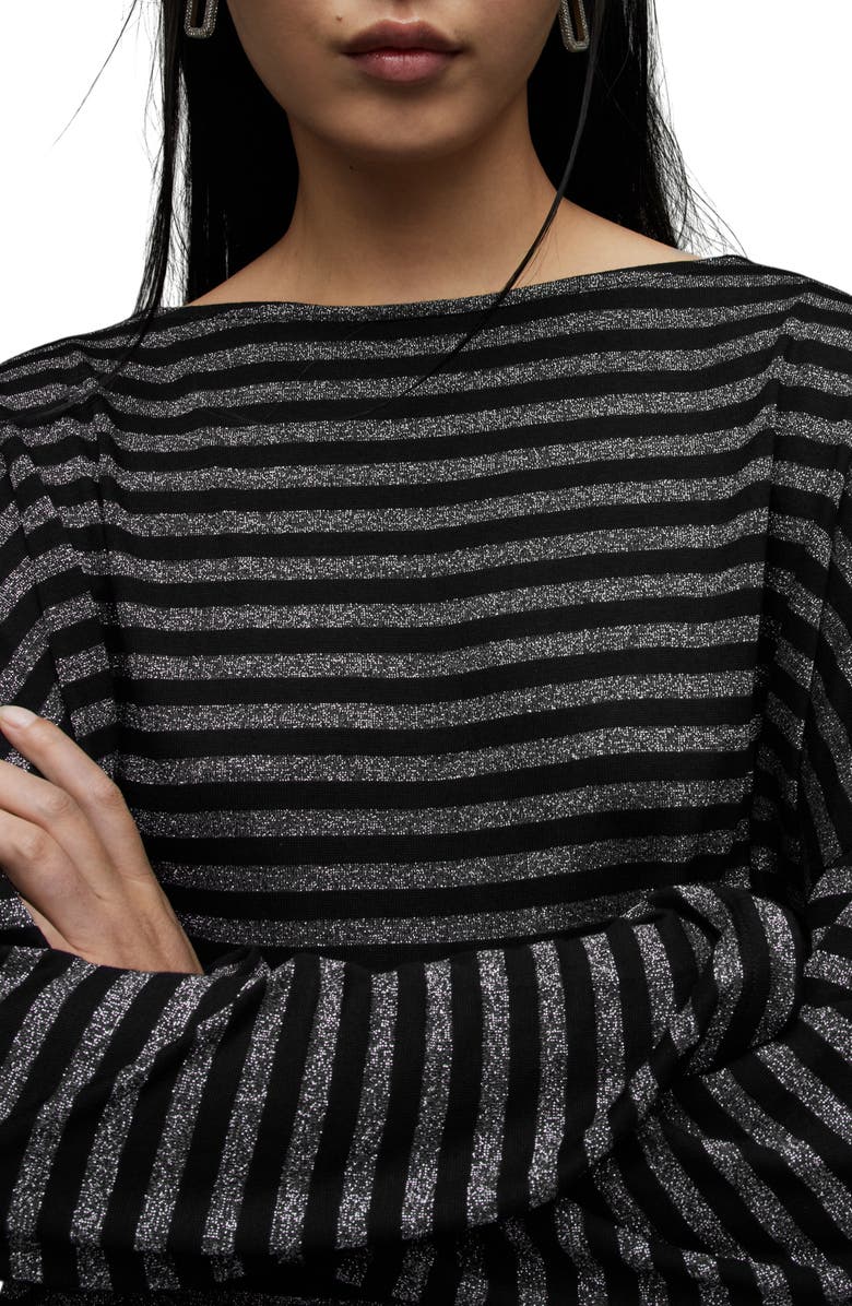 AllSaints Rita Stripe Long Sleeve Boat Neck T-Shirt, Alternate, color, Black Shimmer