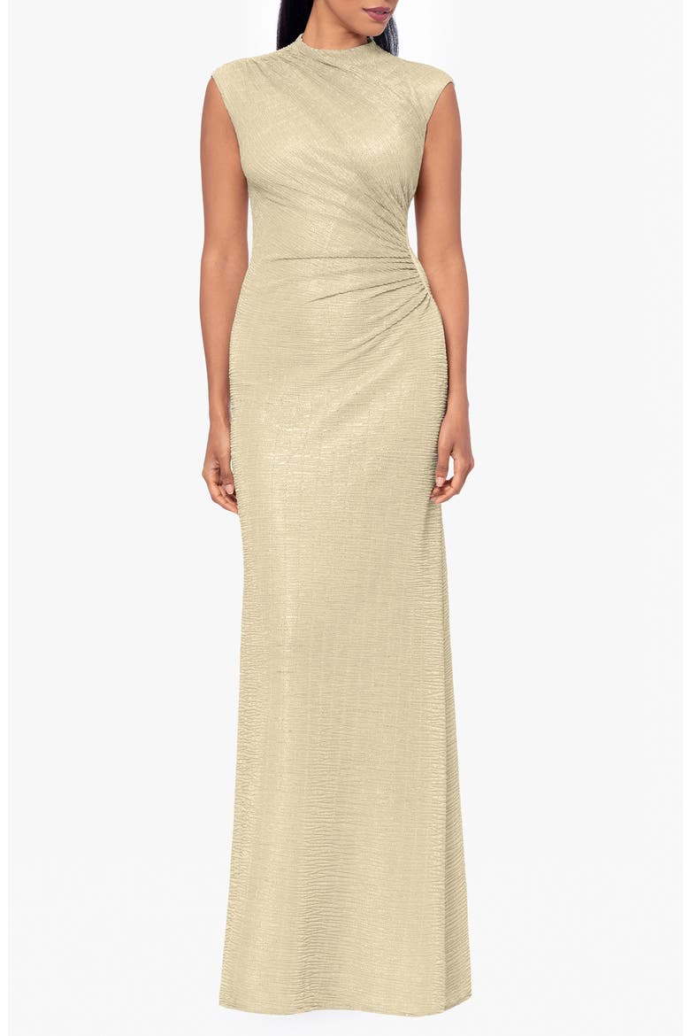 Ruched Sleeveless Crinkled Metallic Column Gown, Main, color, GOLD/ GOLD