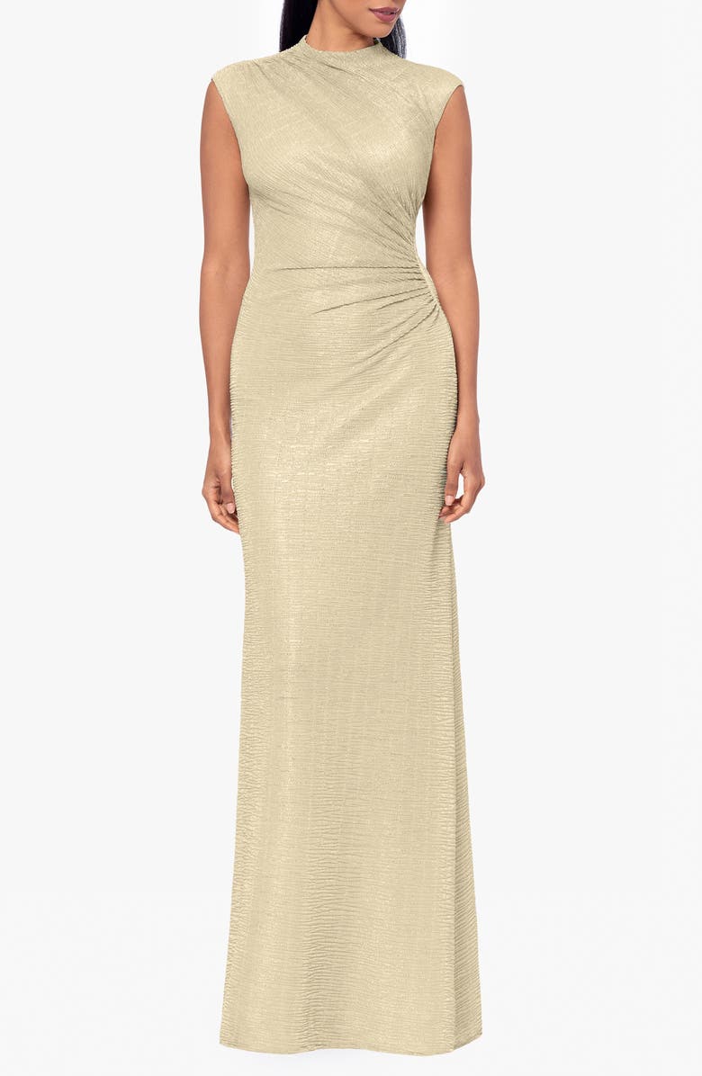 Betsy & Adam Ruched Sleeveless Crinkled Metallic Column Gown, Main, color, Gold/ Gold